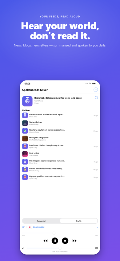 SpokenFeeds – Now Playing screen